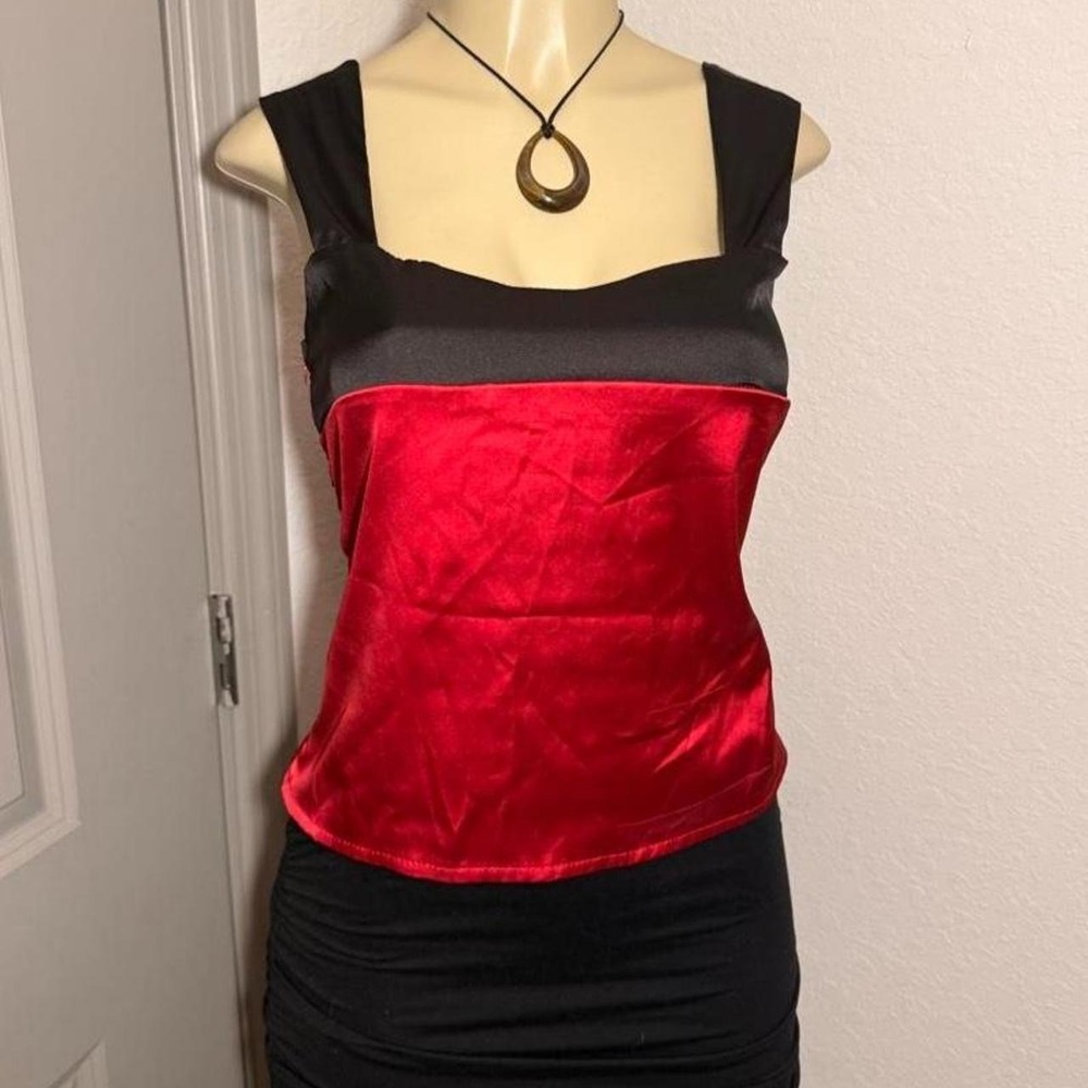 Red and black color-blocked crop top with tie in back